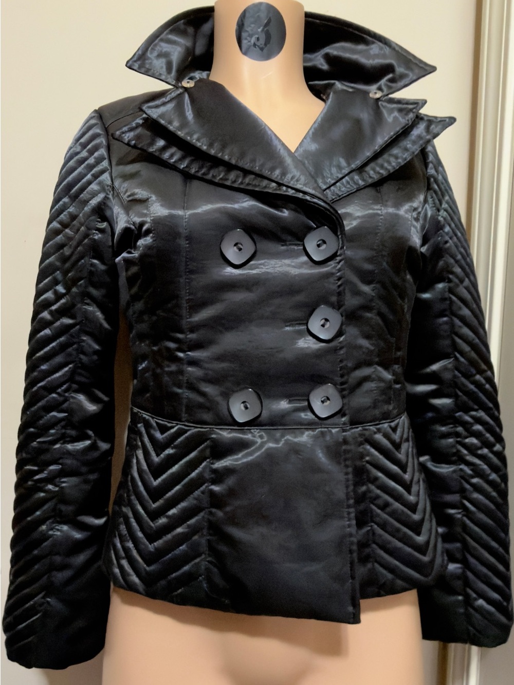 bebe Black faux Satin Quilted Double-Breasted Pea Coat